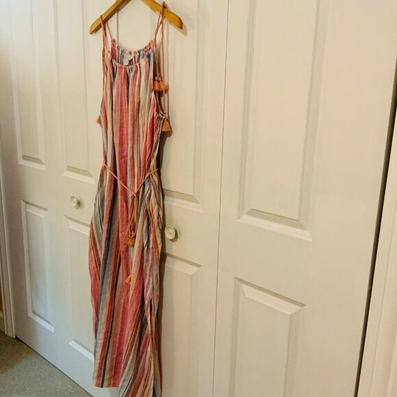 Time and Tru Women's Coral Stripe Tie Shoulder Linen Blend Maxi Dress XL New - Picture 7 of 13
